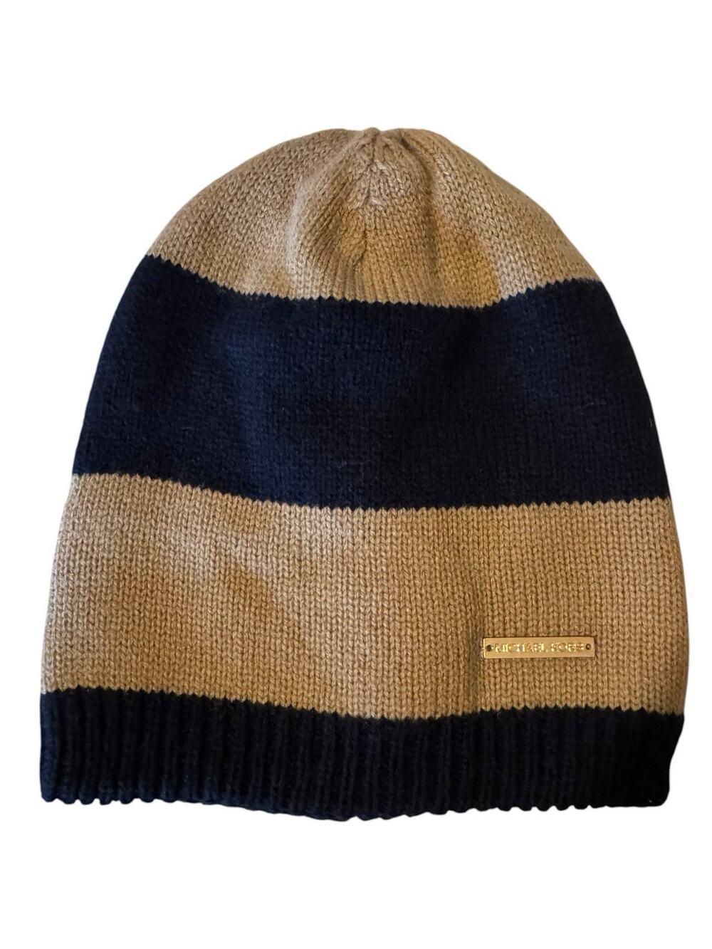 Michael Kors NEW Beanie Hat Black and Tan Striped Knit Cap